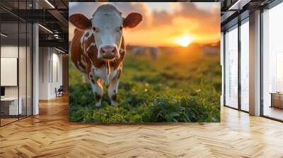 a domestic cow grazing in a field Wall mural