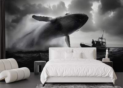 a dramatic black and white image of a whale breaching near a small boat Wall mural