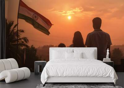 a family standing outside their villa with the indian flag Wall mural