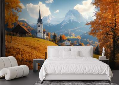 A famous picture of Bavaria with Maria Gern church and Hochkalter peak in the background. A sunny autumn scene of the Alps. A beautiful scene of Germany countryside in the autumn. Wall mural