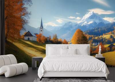 A famous picture of Bavaria with Maria Gern church and Hochkalter peak in the background. A sunny autumn scene of the Alps. A beautiful scene of Germany countryside in the autumn. Wall mural