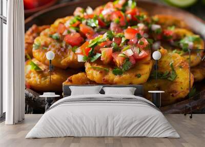 A favored dish in Latin American cuisine, tostones adorned with fresh tomato salsa, presented on a wooden table, ideal for culinary themes and Hispanic heritage events. Wall mural