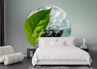 a green tea leaf and coffee bean in an water sphere, ice Wall mural