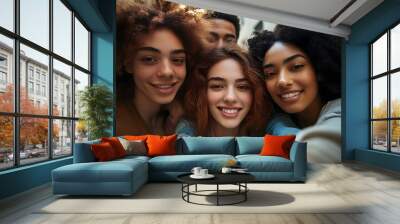 A group of diverse people embracing to show unity and harmony together from all different backgrounds in a casual, fashion photography campaign style soft focus style Wall mural