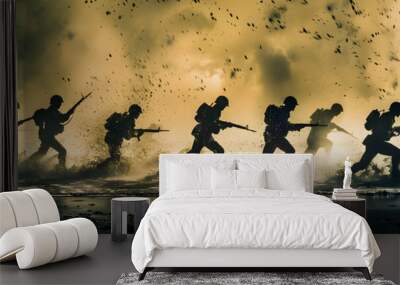 a group of soldiers silhouettes landing on the beach Wall mural