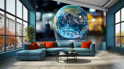 A holographic globe displays a live feed of global events. Wall mural