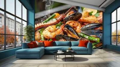 A hot fresh dish with seafood, octopus, mussels, shrimp and asparagus Wall mural