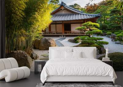 A Japanese-inspired garden with a stone path leading to a traditional tea house. Surrounded Wall mural