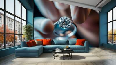 A jeweler examines a diamond ring with a magnifying glass. Wall mural