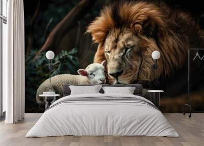 A lion and a lamb resting peacefully side by side Wall mural