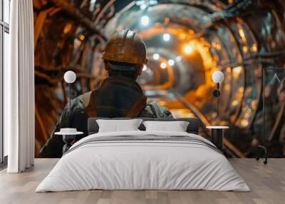 A lone miner in a hard hat and safety gear walks through a dimly lit tunnel, with lights ahead Wall mural