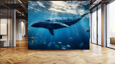 A majestic blue whale gliding through the ocean depths, dwarfing the surrounding fish. Wall mural