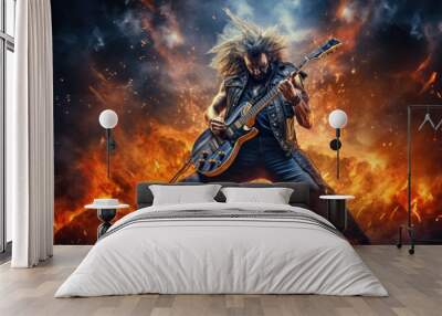 A man, with long hair and a beard, dressed in black clothing, playing a guitar. Standing in front of a fiery background adds intensity to the scene. Man is a rock musician, and heavy metal guitarist. Wall mural