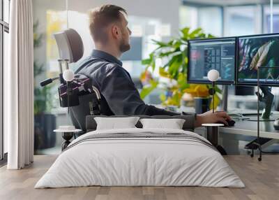 A man in a wheelchair is sitting at a desk with two computer monitors in front of him, people with disabilities at work Wall mural