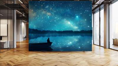 a person looking at a pond reflection of star filled sky from a small boat at night Wall mural