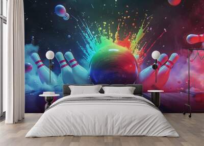 a rainbow colored bowling ball striking a group of bowling pins with the bowling pins flying everywhere against a dark background Wall mural