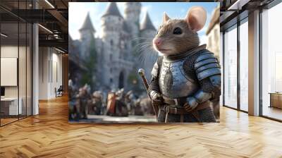 A rat in medieval knight armor standing in a grand castle’s courtyard, merging fantasy elements with historical grandeur. Wall mural