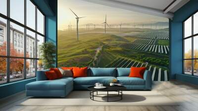 A renewable energy farm with rows of wind turbines and solar pannels Wall mural