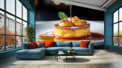 A rich custard filling of pastel de nata being drizzled with a sweet sauce or syrup, enhancing its flavor and visual appeal. Wall mural