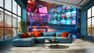 A shopping cart is displayed on a laptop screen Wall mural