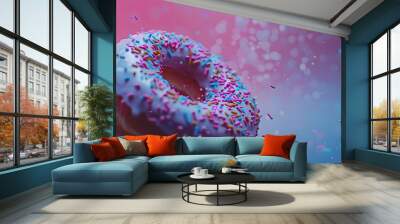 a sprinkled donut, background is retro pink or blue gradient Wall mural