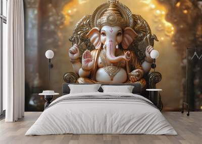 A statue of Lord Ganesh sitting on an elaborate throne. Wall mural