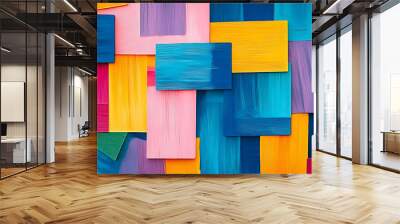 A stunning collage of brightly painted rectangles overlap against a colorful background, creating an energetic and vibrant visual experience perfect for modern artistic projects. Wall mural