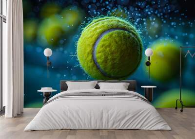 A tennis ball flying at a speed dripping with water droplets around it. Wall mural