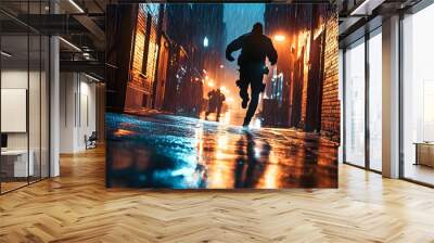 A thief sprints down a dimly lit urban alley while police pursue, with rain-soaked pavement glowing under streetlights, creating a dramatic nighttime atmosphere Wall mural