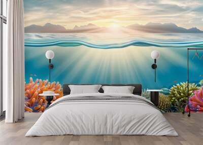 A vibrant coral reef thrives beneath a sunlit sky, with a glimpse of distant islands on the horizon. Wall mural