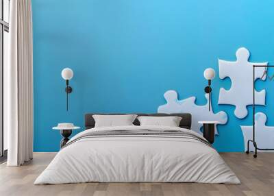 A white jigsaw puzzle on a blue background with blank space for an image. Creative banner. Copyspace image Wall mural