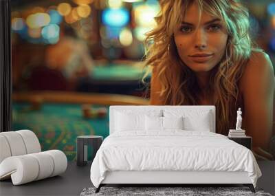 A woman with wavy hair smiles confidently at a casino table, surrounded by colorful chips and vibrant lighting in an evening setting Wall mural