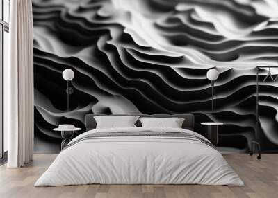 Abstract 3D Layered Terrain in Black and White Wall mural