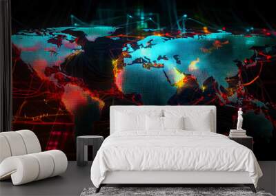 Abstract map of continents. Globalization and geopolitics in high-tech world of future. 3D illustration of communications and data exchange in a virtual network. Bright, juicy, neon colors Wall mural