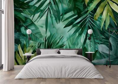 abstract tropical palm leaves hand drawn watercolor background lush green botanical pattern Wall mural