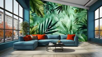 abstract tropical palm leaves hand drawn watercolor background lush green botanical pattern Wall mural