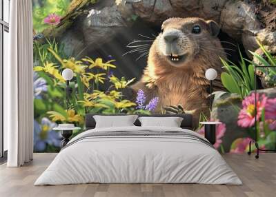 Adorable Smiling Groundhog Emerging from Burrow Wall mural