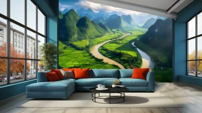 aerial landscape in phong nam valley an extreme scenery landscape at cao bang province vietnam with river nature green rice fields Wall mural