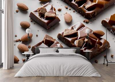 Ai-Generated.Pieces of tasty chocolate with almonds on white marble table Wall mural