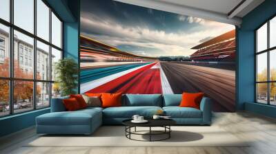 An F1 race track circuit road, depicted with motion blur, features a grandstand stadium, setting the stage for exhilarating Formula One racing events Wall mural