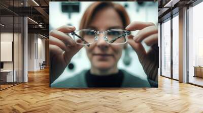 An optometrist putting a pair of glasses on for a patient. Wall mural