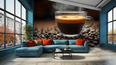 Aromatic Coffee in a Clear Mug Surrounded by Roasted Beans Wall mural