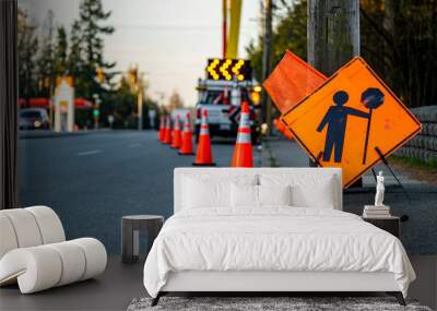 Lane closure on a busy road due to maintenance signs detour traffic temporary street work orange lighted arrow, barrels and cones. Wall mural