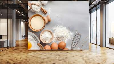 Bakery background cooking ingredients egg, flour, sugar, butter, Long banner format. top view. copy space for text Wall mural