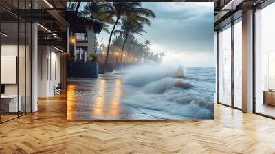 Beachfront resort during tropical storm with crashing waves and bending palm trees. Wall mural