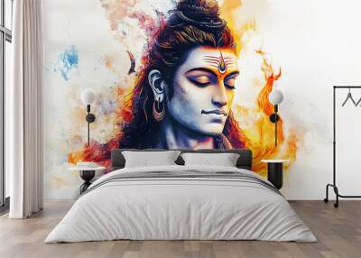 Beautiful digital painting of lord Shiva with a third eye and flames of wisdom on white background. Wall mural