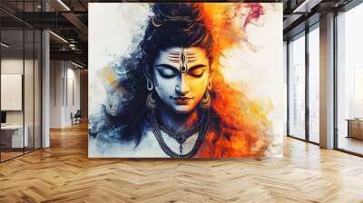 Beautiful digital painting of lord Shiva with a third eye and flames of wisdom on white background. Wall mural