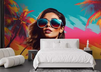 beautiful girl on the beach in sunglasses Wall mural