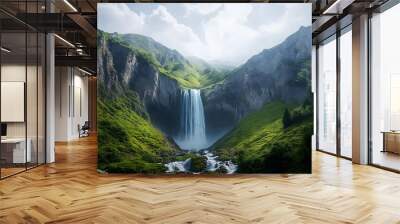 beautiful green mountain landscape waterfall Wall mural