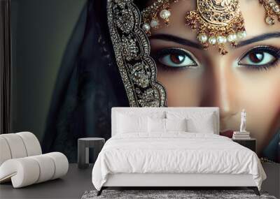 Beautiful Indian women portrait with jewelry. elegant Indian girl , bollywood style . Indian jewelry with dark skin model . Beautiful brunette asian girl with black veil on face Wall mural